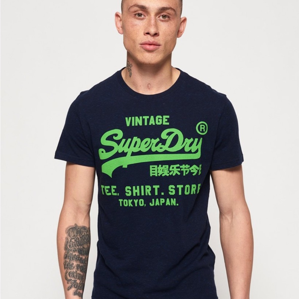 RARE SUPERDRY Vintage Men’s Lite Tee Shirt in Navy Blue/Green EUC US Sz L